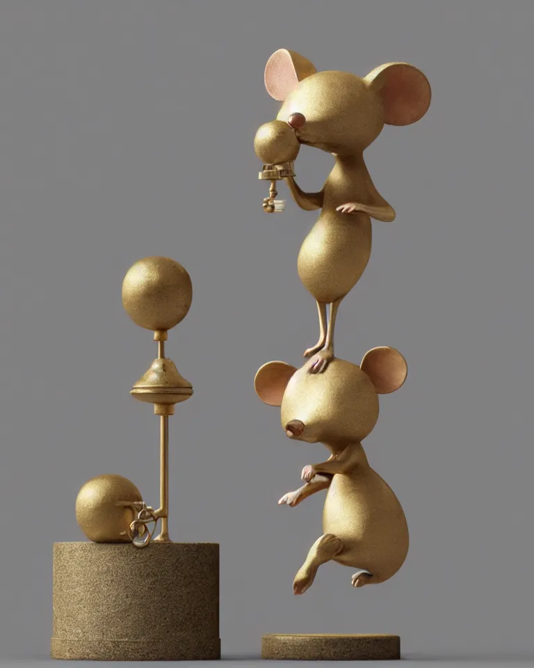 Image similar to a modern art statue of cute mouse standing on two legs and holding a round bell made with white marble and gold, trending on artstation