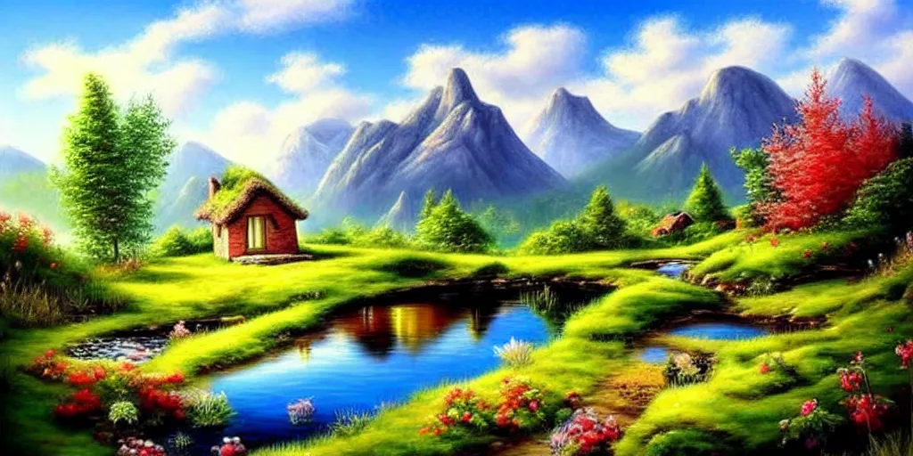 Prompt: a beautiful fantasy landscape, mountain in background, little cottage, small pond, some trees in the corner. hyper realism