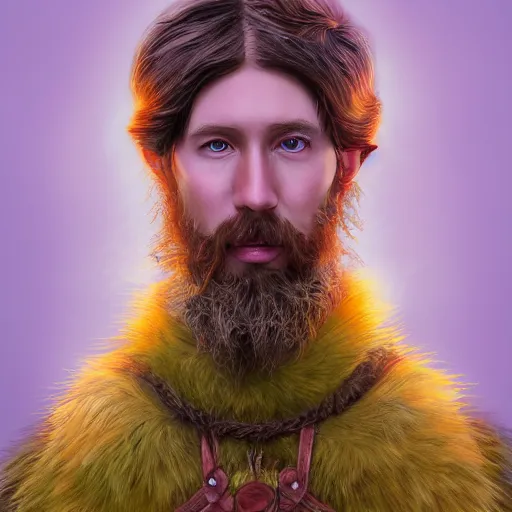 Prompt: A professional digital portrait painting of a D&D druid, painted by Wes Anderson, painted by Hayao Miyazaki, dressed in light armor, 4k, digital art, trending on cgsociety, highly detailed, head and shoulders shot, shallow depth of field, purple and yellow lighting, professional lighting, airbrush,