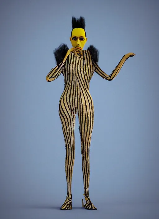 Prompt: an anthromorphic beautiful bee woman wearing striped couture made out of wax and paper and flower petals, at a fashion shoot, trending on Art Station, 3D, octane render,