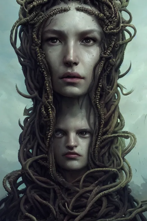 Image similar to A beuatiful portrait of medusa by Greg Rutkowski, Sung Choi, Mitchell Mohrhauser, Maciej Kuciara, Johnson Ting, Maxim Verehin, Peter Konig, Bloodborne , 8k photorealistic, cinematic lighting, HD, high details, dramatic, atmospheric , trending on artstation