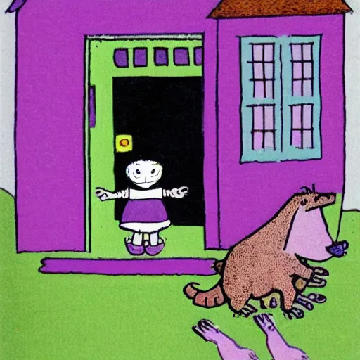 Prompt: Harold and the Purple Crayon in black and white with a purple door and a purple crayon by Maurice Sendak, illustrated as a children's book