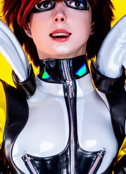 Image similar to portrait bust digital artwork of tracer overwatch, wearing white iridescent rainbow latex and leather straps catsuit outfit, 4 k, expressive happy smug expression, makeup, in style of mark arian, angel wings, wearing detailed black leather collar collar collar collar, chains, black leather harness, detailed face and eyes,