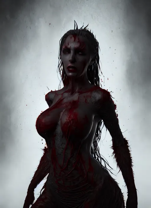 Image similar to full body portrait, vampire queen, blood, highly detailed, CGsociety, subtle, concept art, HDR, hyper realistic, volumetric lighting, subsurface scattering, unreal