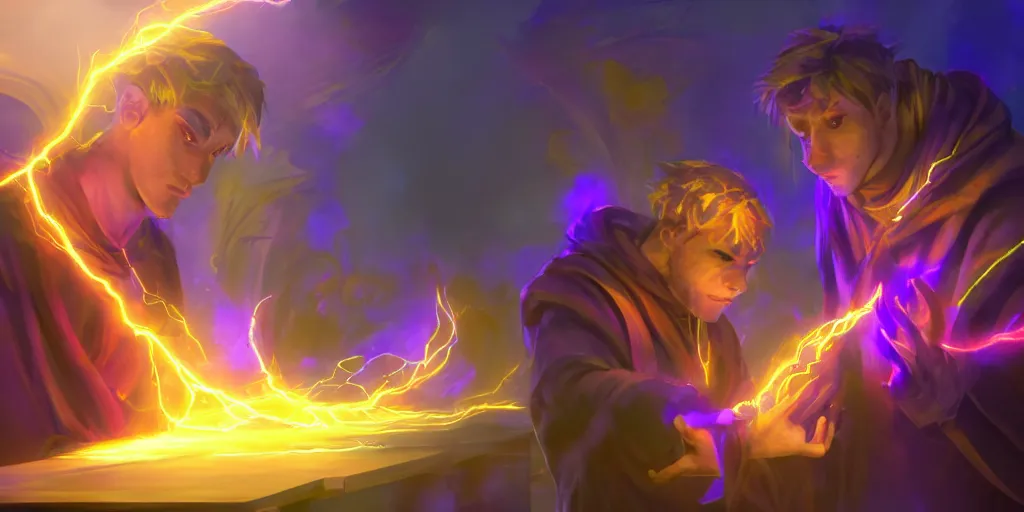 Image similar to a mage and his brother they are in front of the desk working on a new spell that is casting out flowing energy, colorful, flowing energy, light rays, consistent face, medium shot, waist up, sharp, concept art, highly detailed, bloom, dramatic lighting, cinematic
