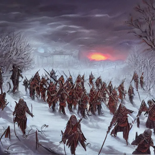 Image similar to Undead army descends upon a village in the middle of a winter night, photorealistic oil painting