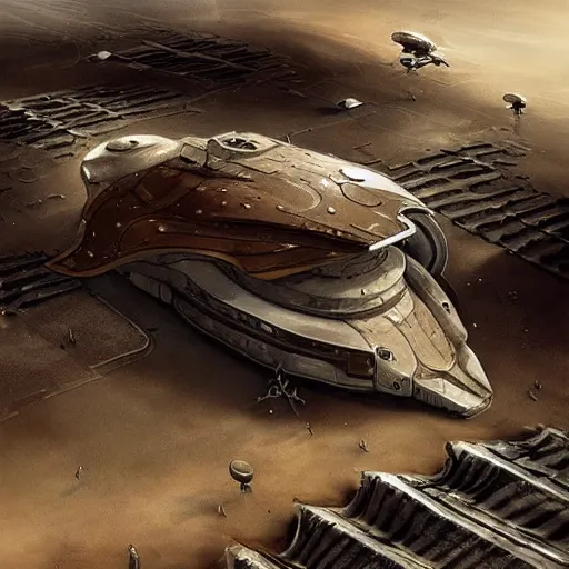 Prompt: grey and brown futuristic hovercraft flying over an alien desert filled with conveyor belts and turrets, epic, closeup shot, painted by Bastien Lecouffe-Deharme