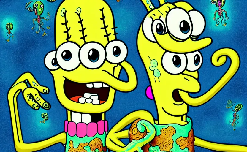 Image similar to squidward taking an acid trip, digital painting, intricate detail, highly detailed, trending on artstation, spongebob squarepants