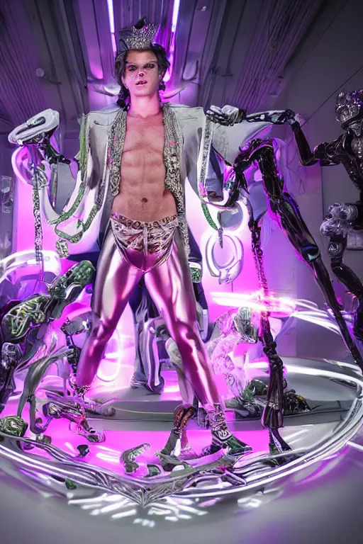 Image similar to full-body rococo and cyberpunk style neon statue of a muscular attractive Harry Styles macho dotado e rico android sim roupa reclining con las piernas abertas e la piroca dura, glowing white laser eyes, prince crown of pink gears, diamonds, swirling silver-colored silk fabric. futuristic elements. full-length view. space robots. human skulls. intricate artwork by caravaggio. Trending on artstation, octane render, cinematic lighting from the right, hyper realism, octane render, 8k, depth of field, 3D