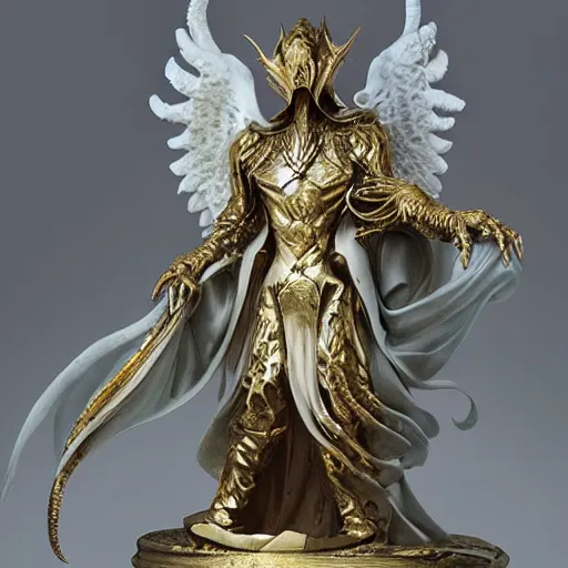 Prompt: angelarium, illithid, cthulhu, white marble statue with gold accents, painting by rembrandt