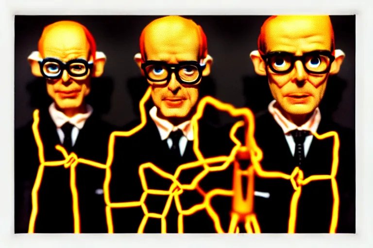 Image similar to image of gilbert and george being possessed by the ghost of alan turing, chromatic noise, stop motion vinyl action figure, plastic, toy, butcher billy style