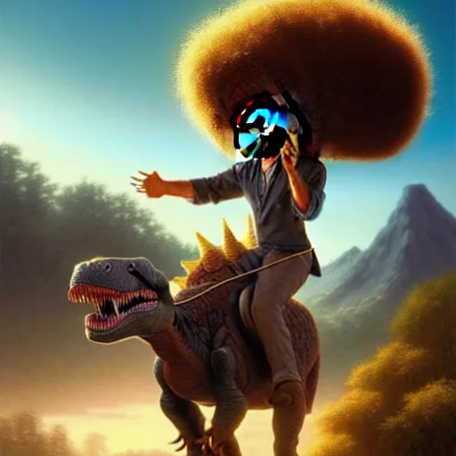 Image similar to bob ross!!! riding!!! a dinosaur!!, giant afro!, model pose, ultra realistic, concept art, intricate details, highly detailed, photorealistic, octane render, 8 k, unreal engine. art by artgerm and greg rutkowski and alphonse mucha