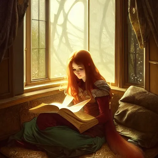 Image similar to Portrait of a girl and a fox in a cozy windowed study, reading a book while light streams in through the skylight, fantasy, intricate, elegant, highly detailed, digital painting, artstation, concept art, smooth, sharp focus, illustration, art by Krenz Cushart and Artem Demura and alphonse mucha