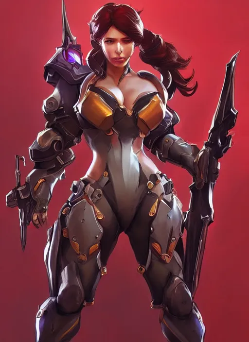 Prompt: beautiful new character for overwatch, character concept art, full body armor, dual wielding swords, super powers, long red hair, symmetry, intricate design, shiny, highly detailed, hd, dramatic lighting, art by artgerm and greg rutkowski