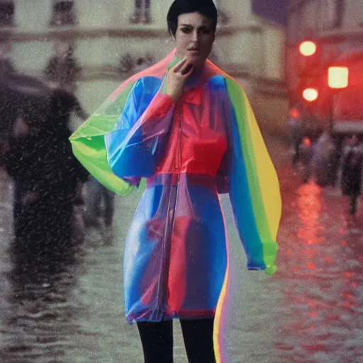 Prompt: Heavy rain during Paris fashion nighttime photoshoot of asymmetrical unusual model standig waist high in heavy floods wearing a translucent red wet plastic zaha hadid designed wet refracting rainbow diffusion specular highlights raincoat by Nabbteeri, ultra realistic, 1970s cinema camera, agfa film, 4K, wide shot, 35mm lens, full body extreme closeup, focus on droplets, chiaroscuro by Nabbteeri, photorealistic, trending on instagram!