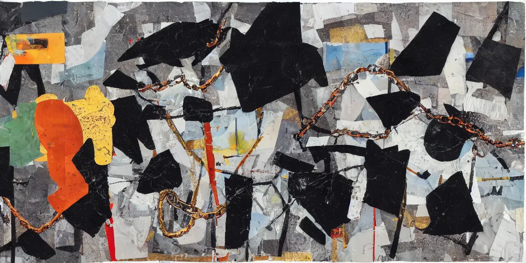 Image similar to mad dog on a chain, collage, sweeping paper and acrylic on canvas, minimalism and expressionism movement, breathtaking detailed, by may wilson