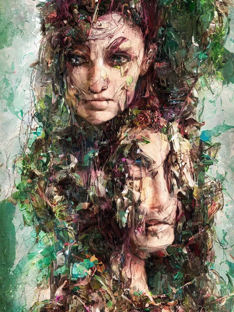 Prompt: Portrait of a beautiful glitch woman in the jungle, trending on artstation