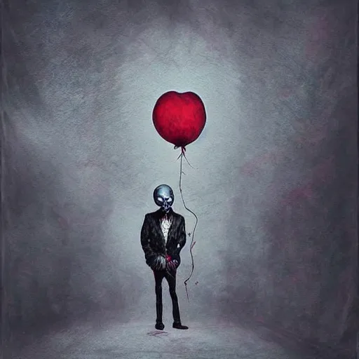 Image similar to grunge painting of creepy pasta with a wide smile and a red balloon by chris leib, loony toons style, pennywise style, corpse bride style, horror theme, detailed, elegant, intricate, Atmospheric phenomenon, artistic photography, conceptual, volumetric light