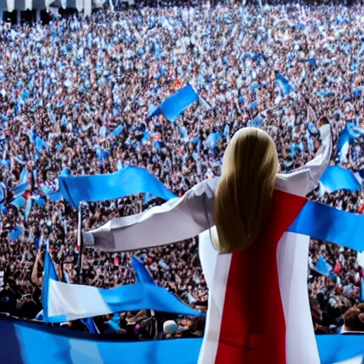 Image similar to Lady Gaga as president, Argentina presidential rally, Argentine flags behind, bokeh, giving a speech, detailed face, Argentina