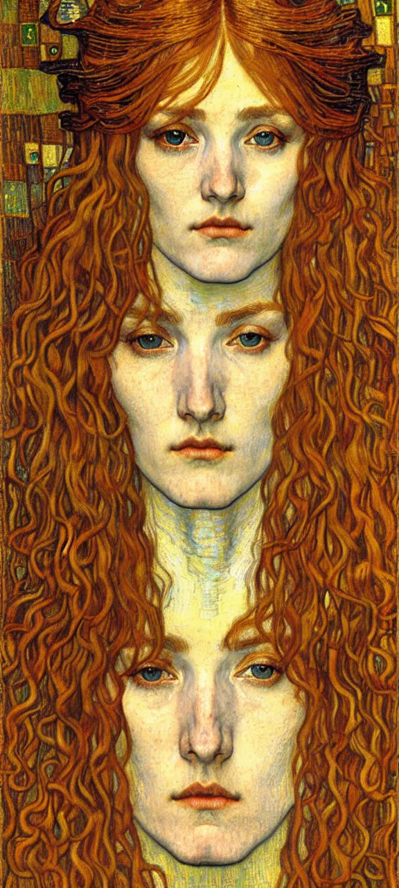 Image similar to detailed realistic beautiful young medieval queen face portrait by jean delville, gustav klimt and vincent van gogh, art nouveau, symbolist, visionary, gothic, pre - raphaelite, muted earthy colors, desaturated