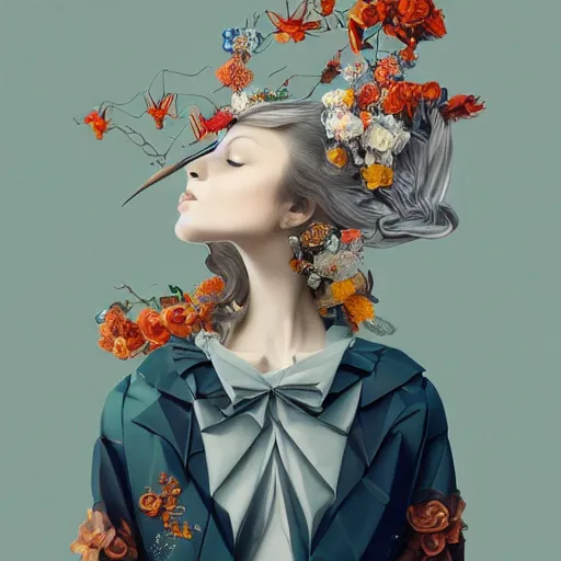 Image similar to 3 / 4 view of a beautiful girl wearing an origami!!! dress, eye - level medium shot, fine floral ornaments in cloth and hair, hummingbirds, elegant, by eiko ishioka, givenchy, by peter mohrbacher, serene, centered, fresh colors, origami, fashion, fine detailed illustration, vogue, japanese, reallusion character creator