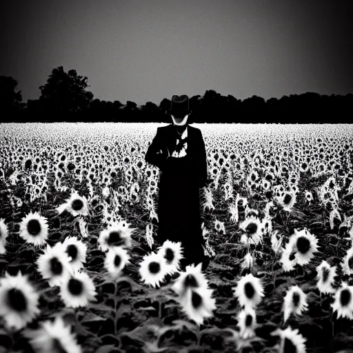 Image similar to A photograph of a vampire hunter in a field of sunflowers at night. Film Noir. High Contrast. Black and White.