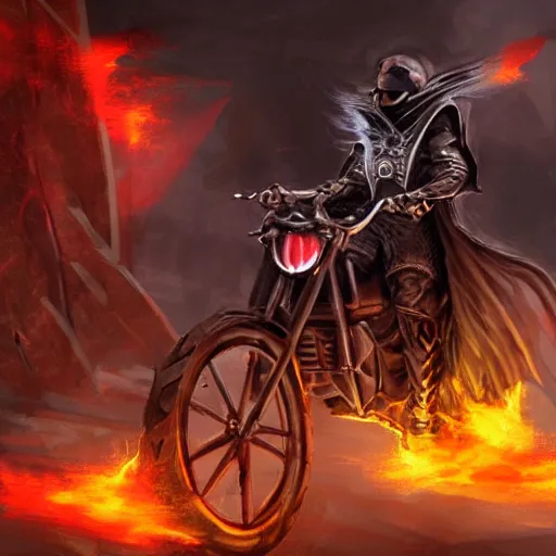 Image similar to epic wizard riding a motorcycle into the gates of hell video game concept art