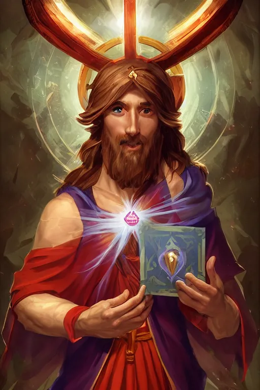 Image similar to A card with description and status of Jesus Christ as a DOTA 2 character holding a Sacred Heart armor, card game, card, trade card game, Artifact Dota2, by Stanley Artgerm Lau, WLOP, Rossdraws, James Jean, Andrei Riabovitchev, Marc Simonetti, Yoshitaka Amano, ArtStation, CGSociety,