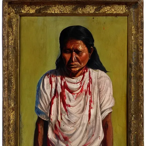 Image similar to a nepali woman wearing a white shawl, sad, bloody, tears, oil painting