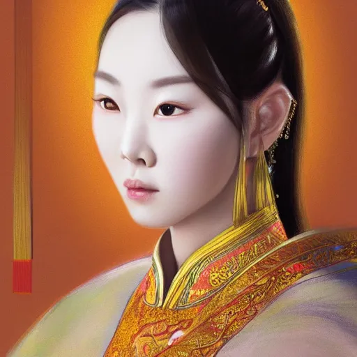 Image similar to 'hyper realism portrait of Chinese princess by Zhong, Fenghua, stunning, detailing, artstation trending, perfect lighting, golden hour'