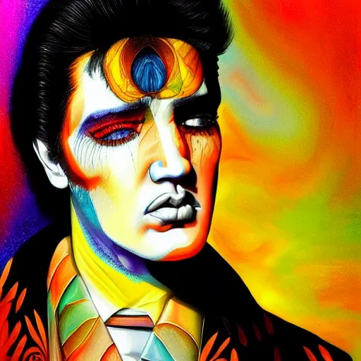 Image similar to an extremely psychedelic portrait of elvis, surreal, lsd, face, detailed, intricate, elegant, lithe, highly detailed, digital painting, artstation, concept art, smooth, sharp focus, illustration