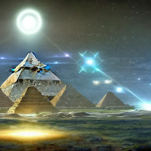 Prompt: ultrarealistic cgi aliens in a meeting of the galactic federation 1 5 0 0 0 years ago before matrix installation. realistic futuristic background unreal engine hyperdetailed photorealistik patterned robes. ancient pyramids with sacred geometry glowing scenery background in the style of android jones