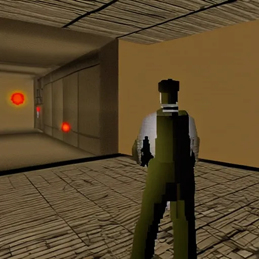 Image similar to a still of no time to die in goldeneye 6 4 graphics, extremely blocky and low resolution, crt filter