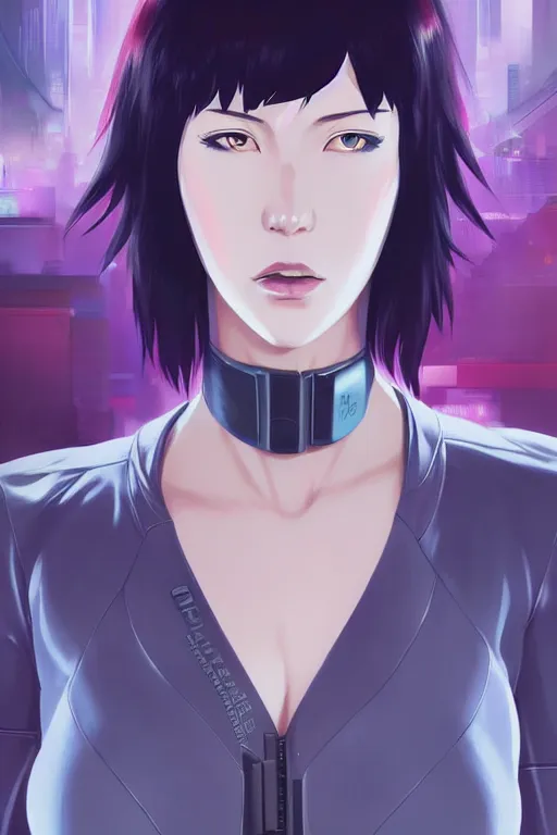 Image similar to a still fullbody portrait of motoko kusanagi ghost in the shell, finely detailed features, closeup at the faces, perfect art, at a cyberpunk city, gapmoe yandere grimdark, trending on pixiv fanbox, by ilya kuvshinov, rossdraws, artgerm