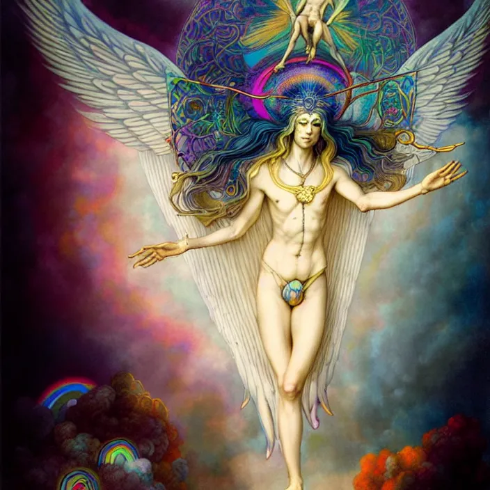 Prompt: psychedelic angelic celestial being by rembrandt and peter mohrbacher, ayahuasca, energy body, sacred geometry, esoteric art, rainbow colors, nature spirits gaia