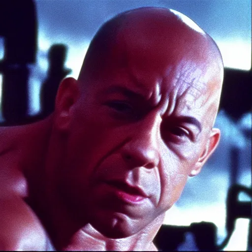 Image similar to Film still of vin diesel as The Terminator in The Terminator (1984 movie), 4k, photorealistic, a bit blurry, film grain