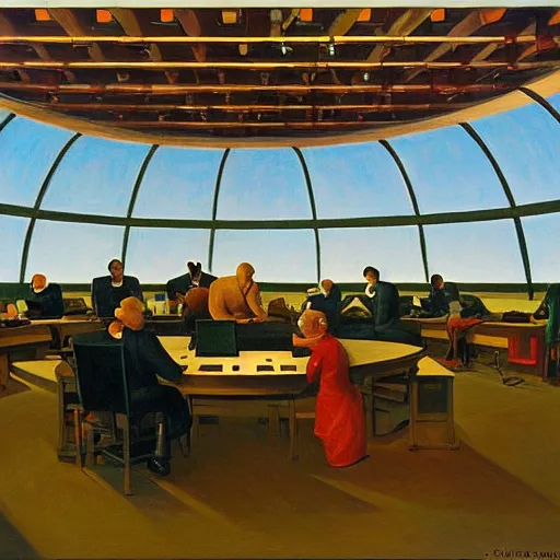 Prompt: scientists programming a doomsday device in a dome - shaped control center, grant wood, pj crook, edward hopper, oil on canvas