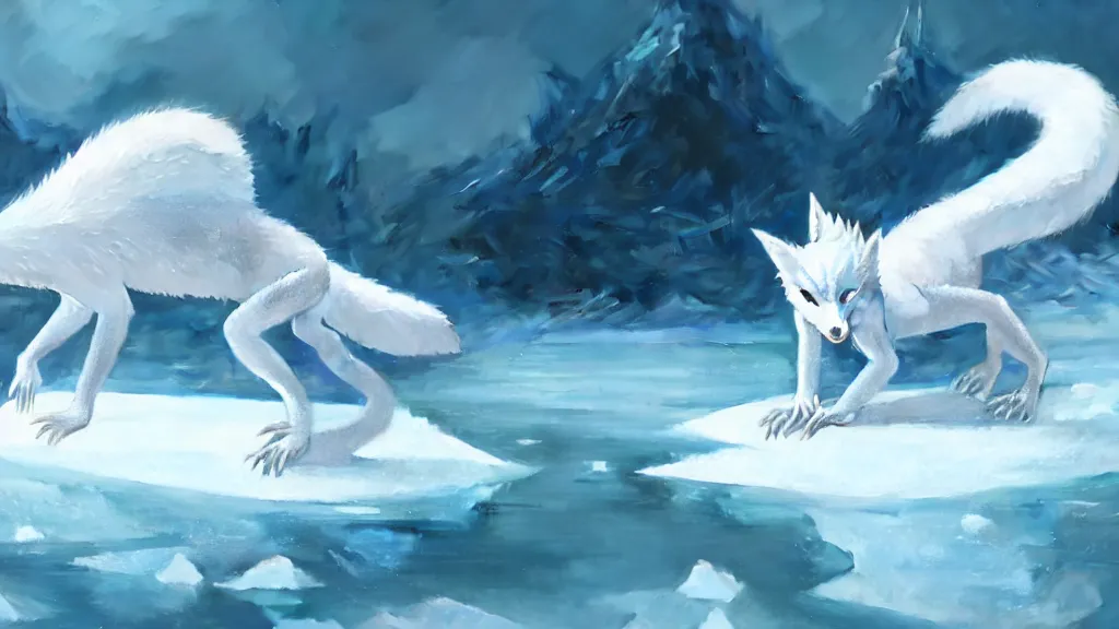 Image similar to white - haired anime fox lizard frozen in an ice floe, intricate, highly detailed, smooth, wide shot, artstation, digital illustration by ruan jia