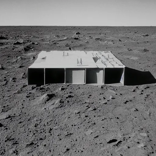 Prompt: a photo taken from a distance of a half built house on the surface of the moon