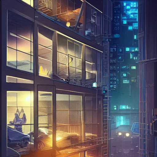 Prompt: beautiful digital illustration of loft in the evening, science fiction, cyberpunk city, rainy day outside, luxury, interior design, tall windows, trending on artstation