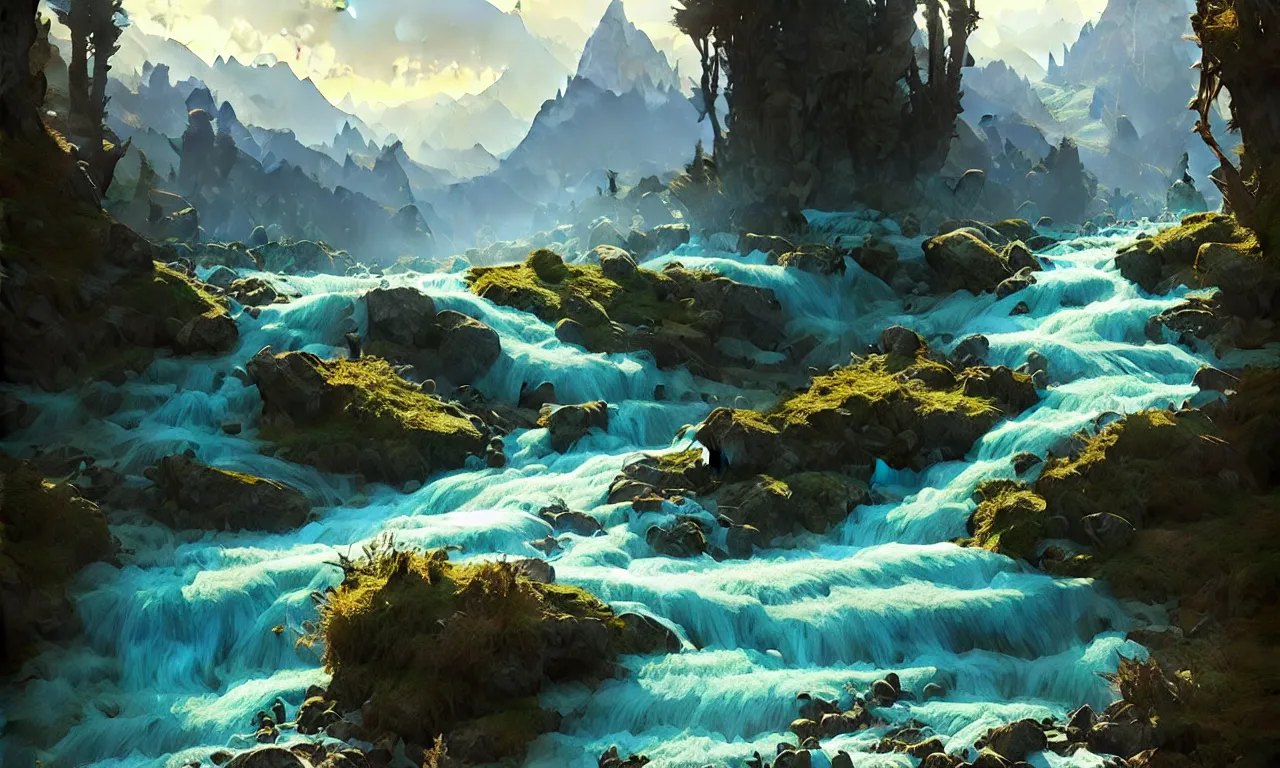 Image similar to Mountain river flows through a fantasy landscape gorge. A big blue lake in the middle of the mountains. Fabulous nature, amazing seascape, highly detailed, digital painting, artstation, concept art, smooth, sharp focus, illustration, art by greg rutkowski and alphonse mucha