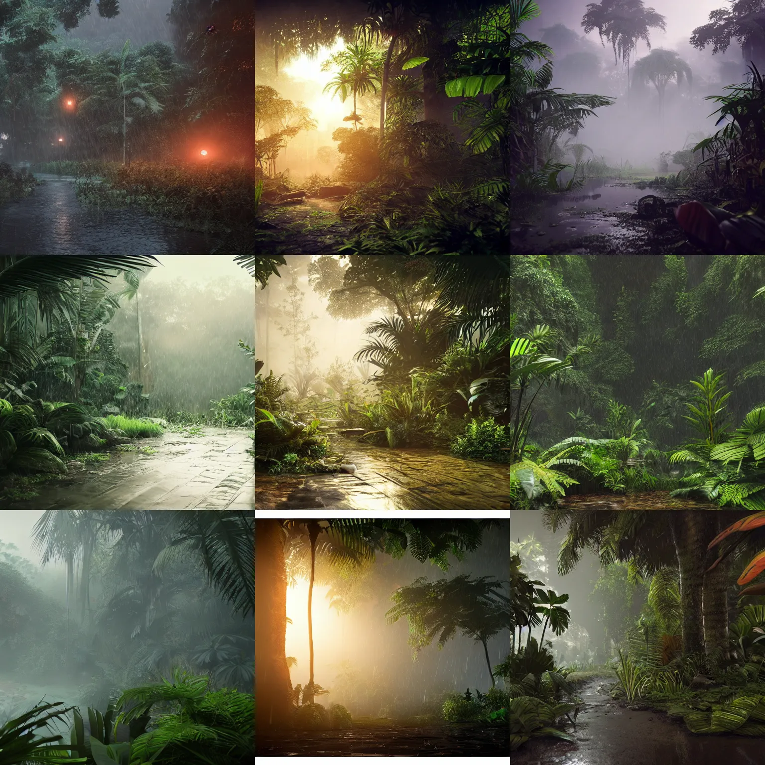 Prompt: Jungle, rain, sunrise, high quality render, artstation, Unreal engine 5, octane render, 4k, dark gray background