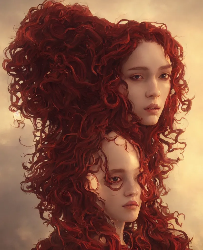 Image similar to character design, a portrait of a queen with long dark curly red hair, stoic, brown skin, alone, dramatic, epic painting, painted by wlop, cgsociety, beautiful, artbreeder, 3 d render, artstation, maximalist fashion dress, full body, octane render, sharpness, 8 k, golden ratio