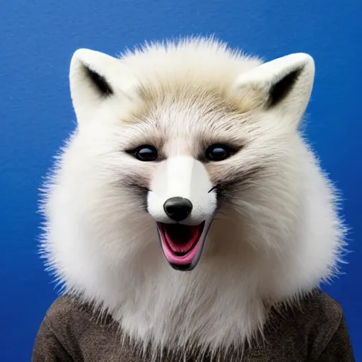 Prompt: studio quality advertising photo depicting an anthropomorphic arctic fox furry dressed up as a character in Final Fantasy