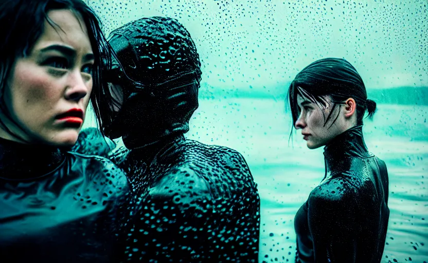 Image similar to cinestill 5 0 d candid action photographic portrait by quentin tarantino of two loving female androids wearing rugged black mesh techwear in treacherous waters, extreme closeup, modern cyberpunk retrofuturism moody emotional cinematic, pouring iridescent rain, 8 k, hd, high resolution, 3 5 mm, f / 3 2, motion blur, ultra realistic faces, ex machina