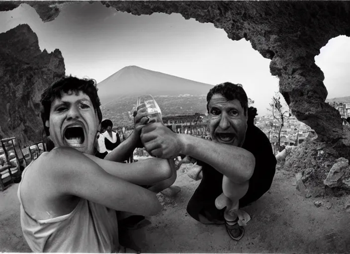 Prompt: old photo of average greeks drink wine and have fun against the backdrop of mount vesuvius starting to erupt by sebastian salgado, fisheye 4, 5 mm, diffused backlight