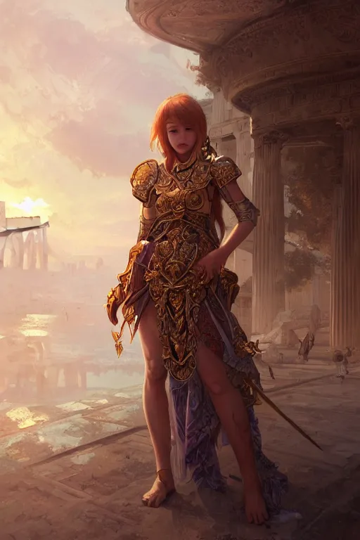 Prompt: portrait young knights of Zodiac girl, rose golden and mirror armor, in ruined Agora of Athens Sunrise, ssci-fi and fantasy, intricate and very beautiful and elegant, highly detailed, digital painting, artstation, concept art, smooth and sharp focus, illustration, art by tian zi and WLOP and alphonse mucha