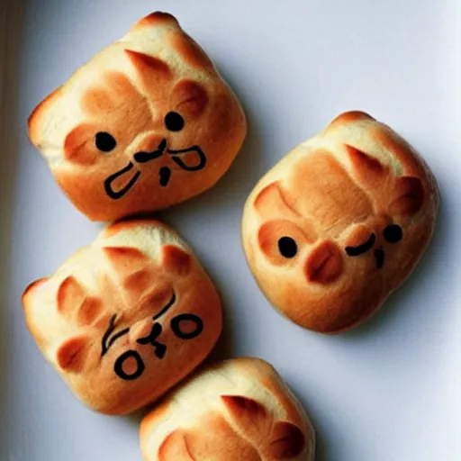 Prompt: photo of yeast rolls that look like cats with cute cat faces