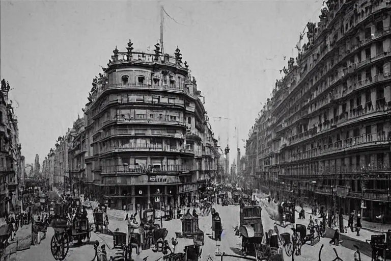 Prompt: The Madrid Gran Vía, steampunk, Victorian era style, 1890 photo, retro futuristic, highly detailed, hyper realistic