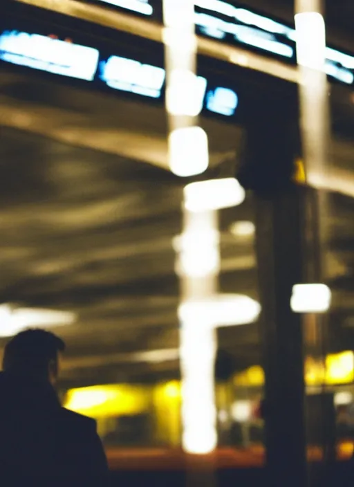 Prompt: a 2 8 mm macro photo from the back of a businessman standing on a subway platform, splash art, movie still, bokeh, canon 5 0 mm, cinematic lighting, dramatic, film, photography, golden hour, depth of field, award - winning, anamorphic lens flare, 8 k, hyper detailed, 3 5 mm film grain